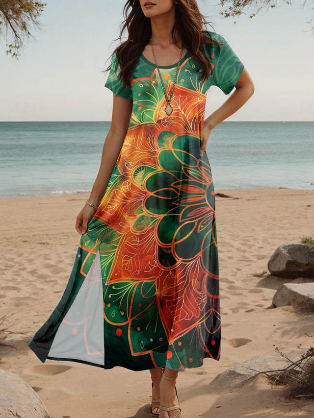  Vestito maxi da donna abito a campana abito a T-shirt abito da spiaggia casual vacanza vestibilità regolare grafica floreale manica corta colletto tondo verde scuro estate