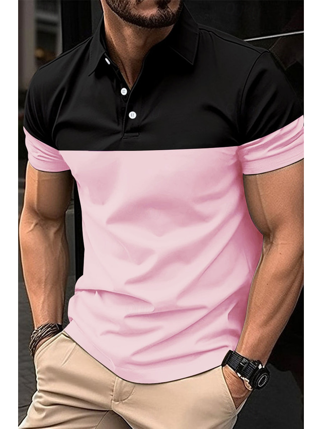  Men's Golf Shirt Golf Polos Shirts Work Business Lapel Short Sleeve Modern Comfortable Color Block Patchwork Buttons Summer Spring Regular Fit Wine Pinky Yellow Blue Green Light Sky Blue Golf Shirt