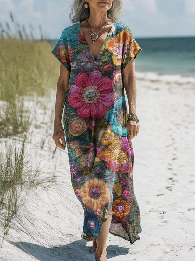  Damen Maxikleid Strandkleid A-Linie Kleid Urlaub Lässig Urlaub Täglich Reguläre Passform Floral Grafik Kurzarm V-Ausschnitt Regenbogen Frühling Herbst