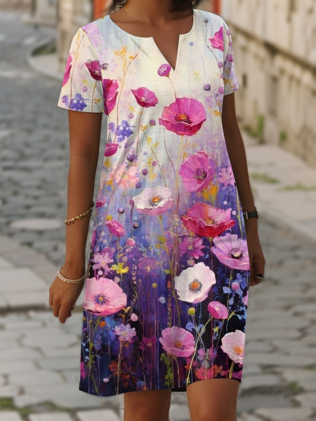  Robe Mini Femme Robe Décontractée Robe Formelle Vacances Quotidienne Régulière Imprimé Floral Manches Courtes Col Découpé Violet Été Printemps