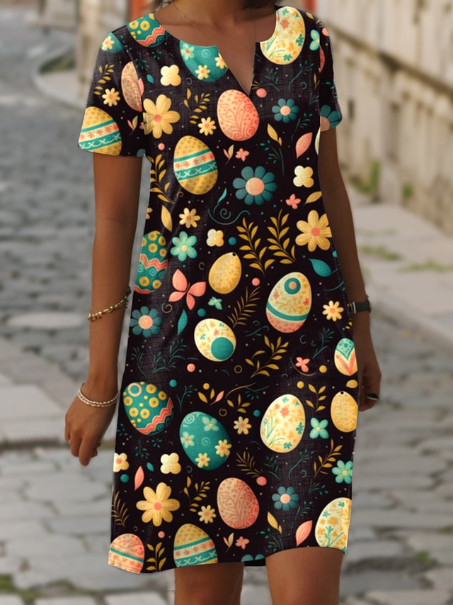  Ostern Damen Mini Kleid Shift Kleid Lässig Urlaub Täglich Regelmäßige Passform Grafik Kurzarm Notched Hals Schwarz Sommer Frühling