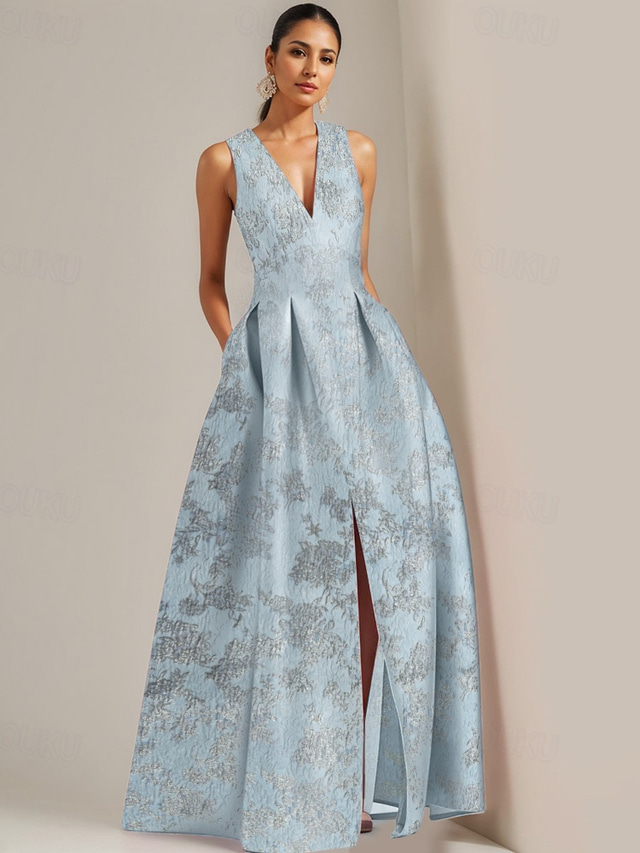  A-Line Evening Gown Brocade Jacquard Elegant Dress Formal Wedding Floor Length Sleeveless V Neck with Slit Wedding Guest Dress