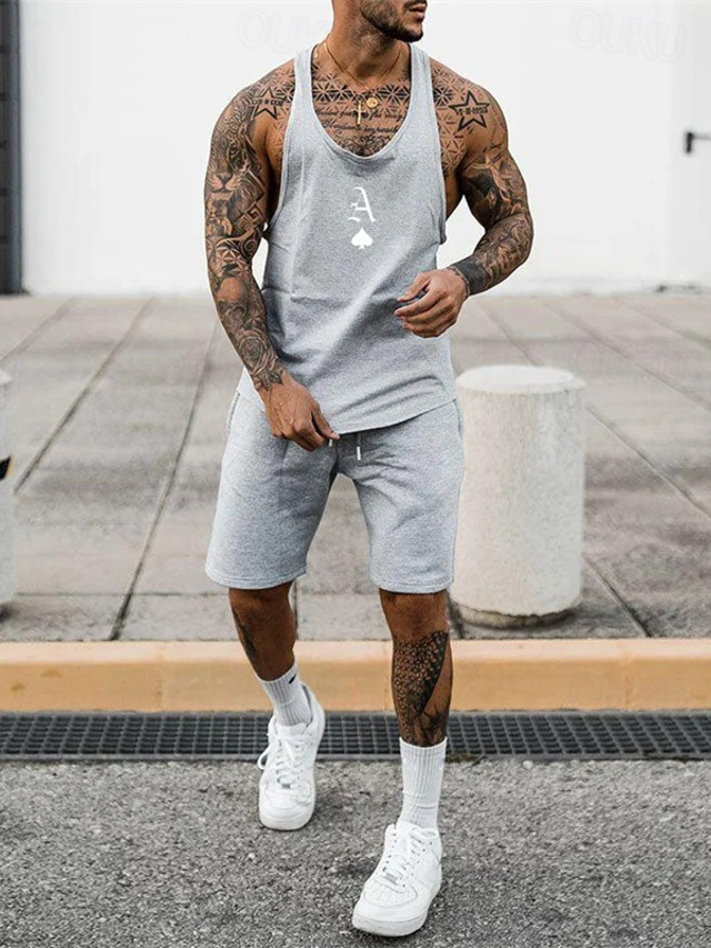  Herr Träningsoverall Outfit set Shorts Djup U-hals Utomhus Dagligen Sport Ficka Snörning 2 st Poker Svart Gul Grå Polyester Sportkläder Klassisk Ledigt Sommar