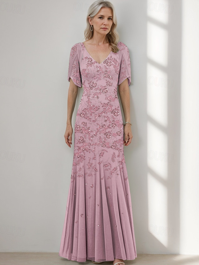  A-Line Mother of the Bride Dress Elegant Vintage Simple V Neck Floor Length Beaded Lace Short Sleeve with Flared Hem