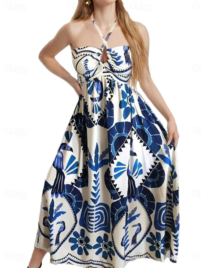  Dam Midiklänning Boho bröllopsgästklänning Elegant Stylish Sexig Förstoringar Blommig Ärmlös Halterneck Blå Sommar Vår