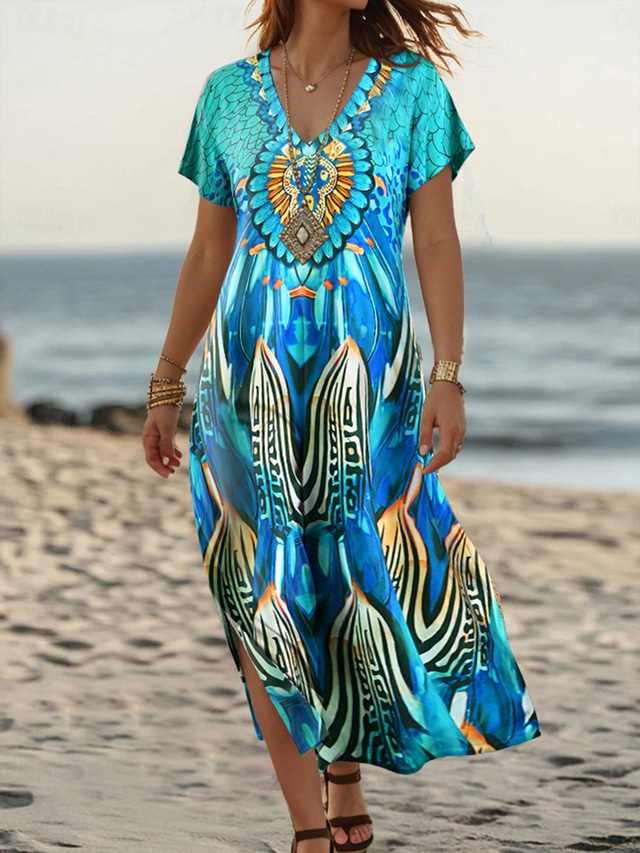 Damen Maxikleid Sommerkleid A Linie Kleid Urlaub Lässig Täglich Normale Passform Grafik Stammes Kurzarm V Ausschnitt Blau Sommer