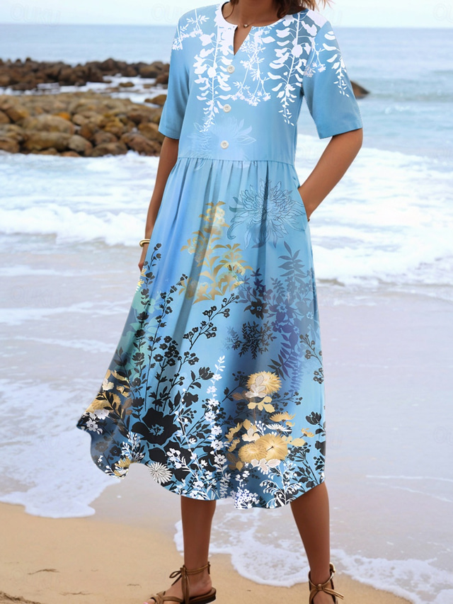  Women's Midi Dress Shift Dress Summer Dress Vacation Casual Vacation Daily Regular Fit Floral Graphic Short Sleeve Notched Neck Blue Summer