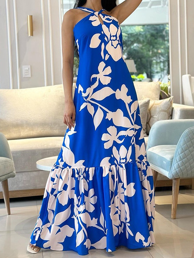  Damen kleid lang Cocktailkleid Neckholder-Kleid Elegant Modisch Tee-Party Ausgehen Wochenende Regular Fit Blume Ärmellos Halfterhals Blau Sommer