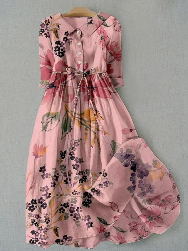  Femmes Robe Midi Robe fourreau Robe d'été Vacances Occasionnel Chaussures de plage Quotidien Fête Sortir Graphique manche longue Revers Jaune Rose Claire Bleu Vert Été Printemps