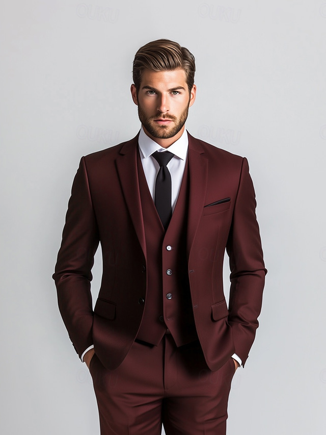  Men's Wedding Business Suits Burgundy Fashion Formal Solid Colored Standard Fit 3 Piece Single Breasted Two-buttons