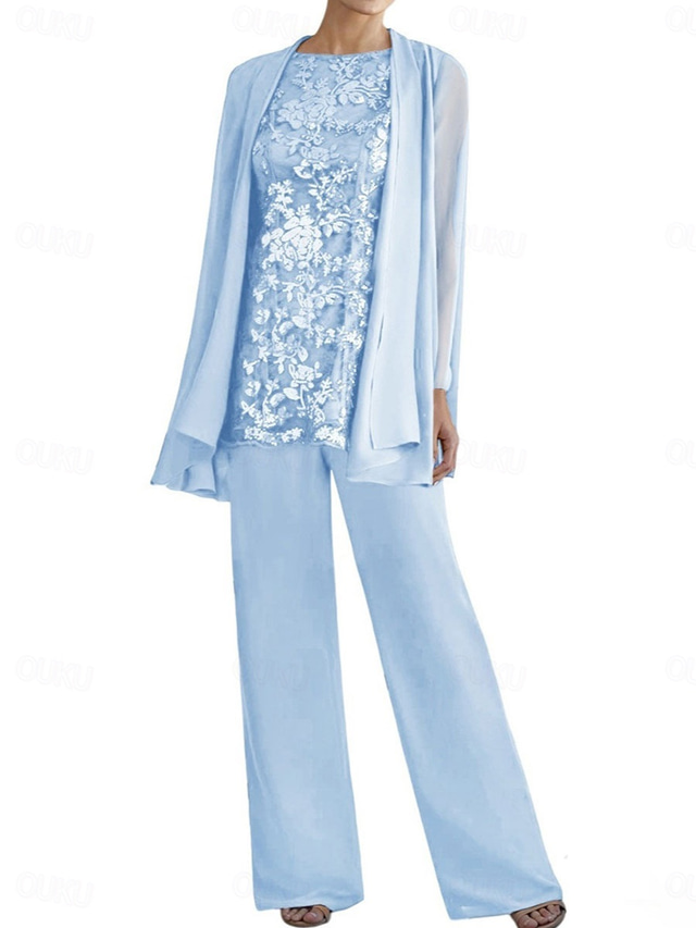  3 Piece Pantsuit Mother of the Bride Dress Elegant Crew Neck Floor Length Polyester Long Sleeve with Beading 2025