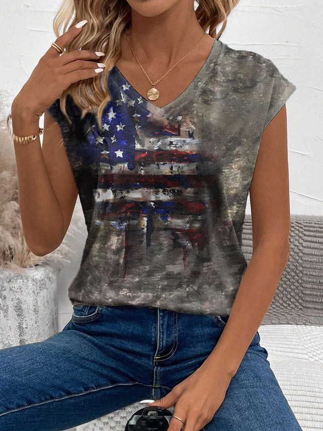 Women's Patriotic  Camisole Tank Top Graphic Flag Stylish Casual Sleeveless V Neck Regular Tops Daily Print Gray Summer
