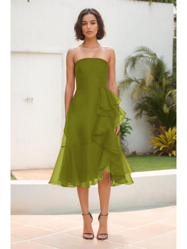  A-Line Cocktail Dresses Elegant Dress Formal Wedding Tea Length Sleeveless Off Shoulder Organza with Pleats Ruffles