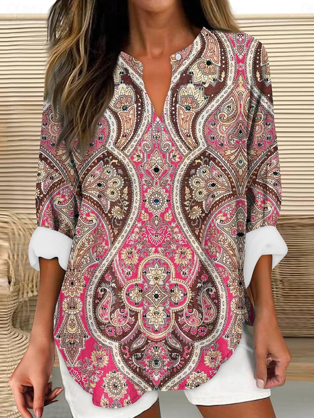  Women's Blouse Graphic Geometric Vintage Tropical Hawaiian Long Sleeve V Neck Regular Tops Daily Holiday Beach Wear Print Pink Summer Spring