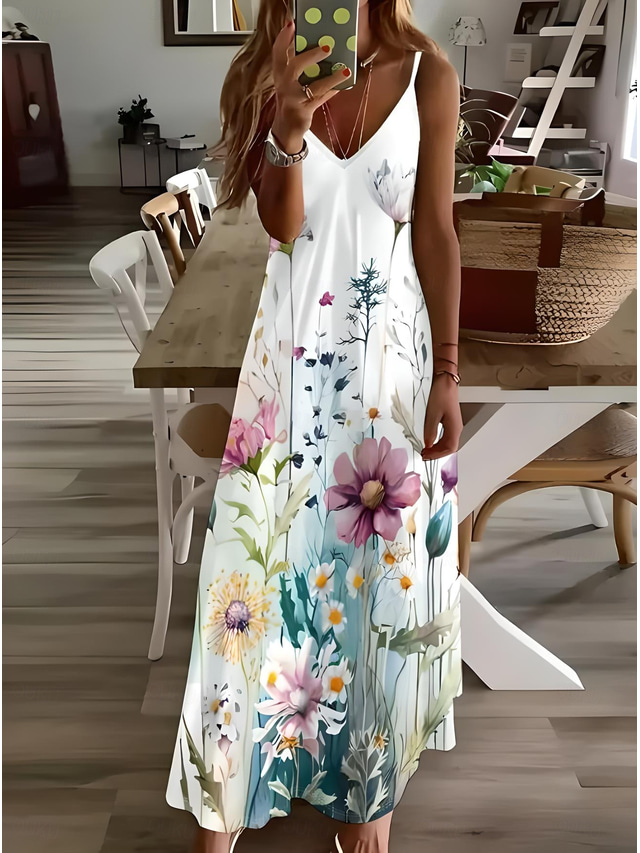  Damen Midikleid Sommerkleid A Linie Kleid Unterkleid Urlaub Lässig Urlaub Täglich Strand Normale Passform Blumen Grafik Ärmellos V Ausschnitt Weiß Sommer Frühling