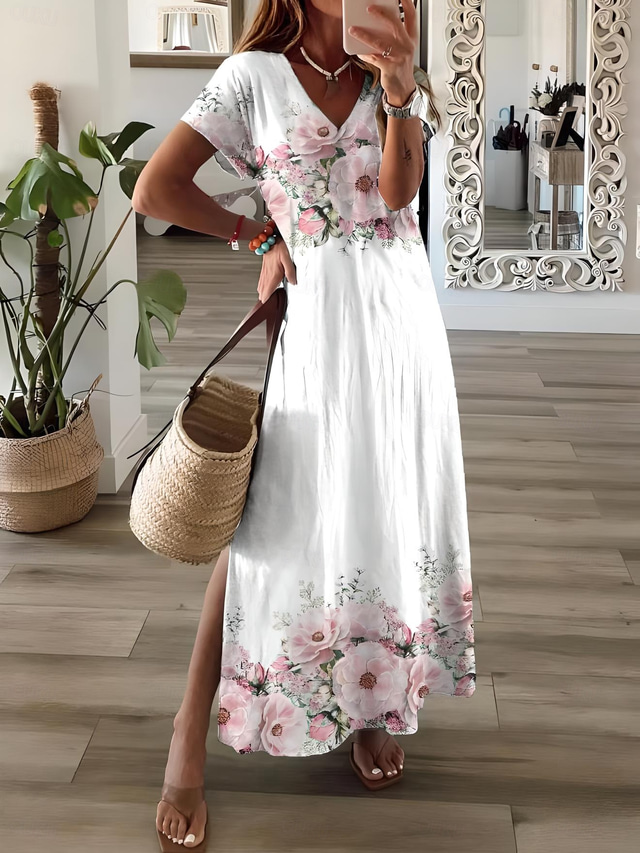  Damen Maxikleid Sommerkleid A Linie Kleid Urlaub Lässig Strand Party Ausgehen Normale Passform Blumen Grafik Kurzarm V Ausschnitt Hellrosa Weiß Rosa Frühling Herbst