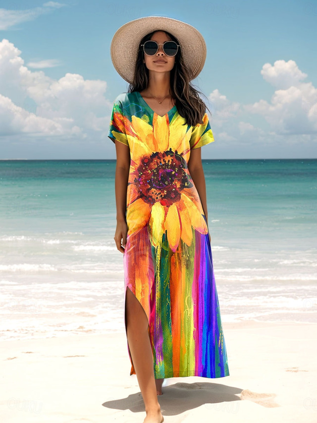  Damen Maxikleid Sommerkleid A Linie Kleid Urlaub Lässig Täglich Normale Passform Ombre Blumen Grafik Kurzarm V Ausschnitt Grün Sommer