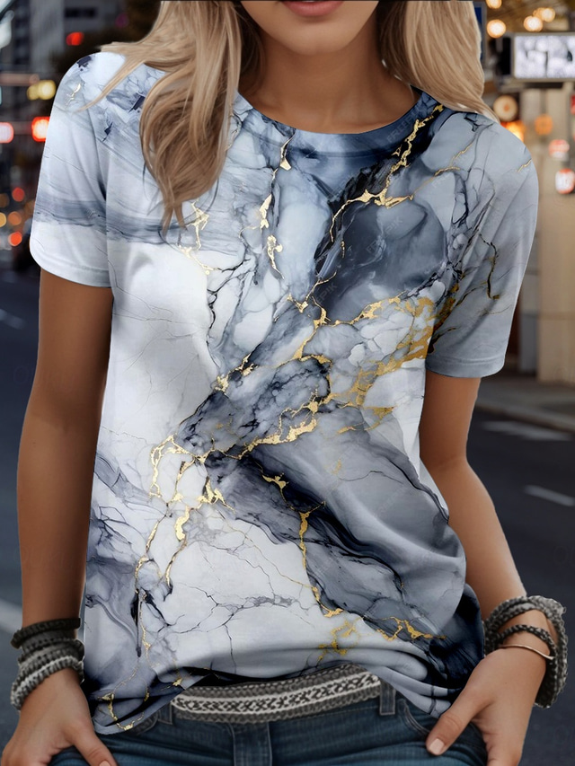  Women's T Shirt Graphic Marble Stylish Casual Short Sleeve Round Neck Regular Tops Daily Weekend Print Silver Summer Spring