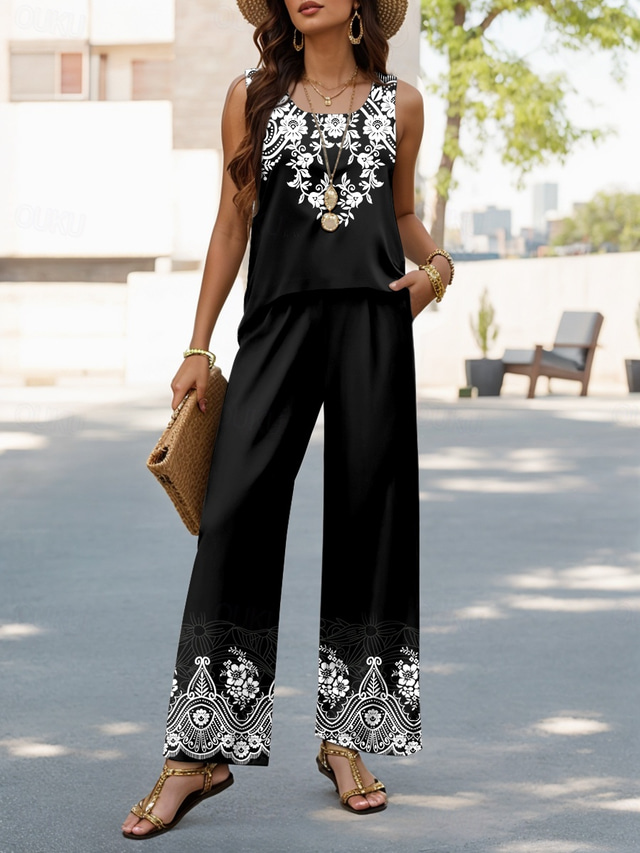  Completi da donna moda quotidiana in 2 pezzi con top bolero senza maniche scollo a U grafica geometrica casual per giornate e weekend nera estate vestibilità regolare