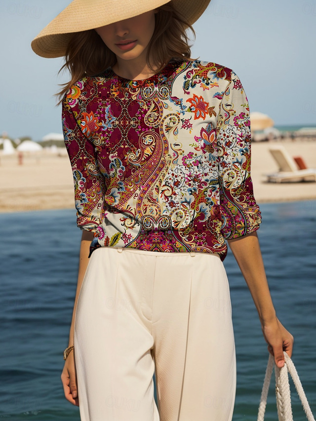  Mujer Blusa Graphic Cachemir Elegante Bohemia Casual Manga Larga Cuello Barco Tops regulares Diario Noche Ropa de playa Estampado Arco Iris Verano Primavera