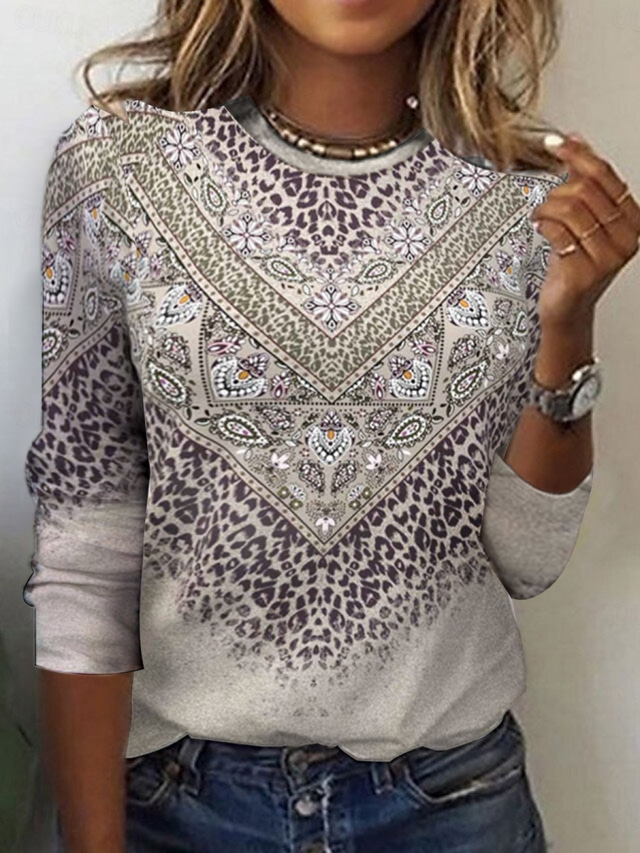  Women's T Shirt Floral Tribal Fashion Modern Long Sleeve Crew Neck Regular Tops Daily Print Orange Brown Gray Summer