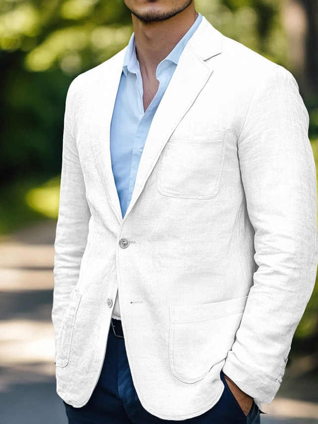  Men's Linen Blazer Sport Coat Wedding Casual Daily Fashion All Seasons Cotton Linen Solid Colored Basic Single Breasted Two-button Blazer White Sky Blue Beige