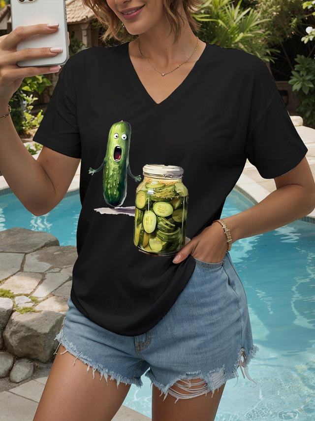  Women's Blouse Graphic Cartoon Casual Short Sleeve V Neck Regular Tops Daily Going out Beach Wear Print Black White Summer