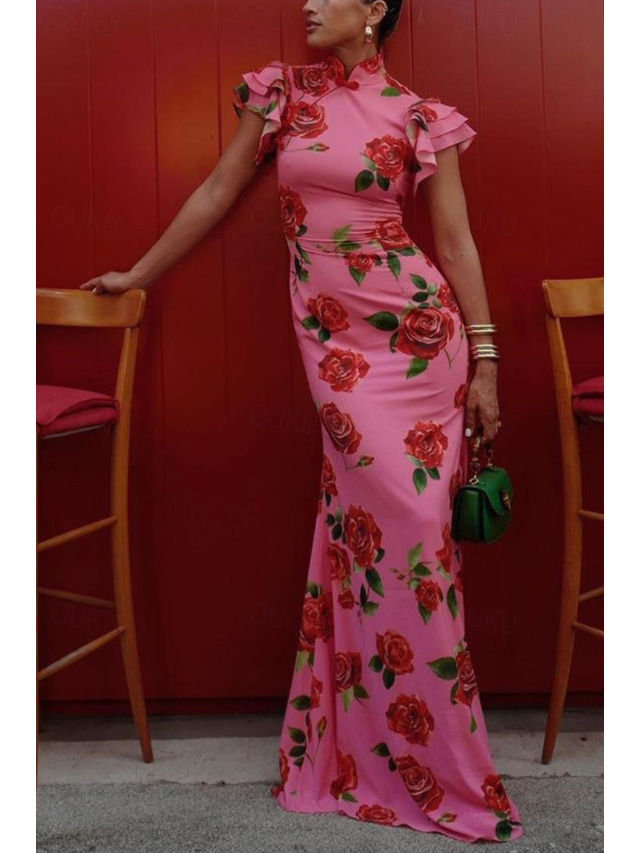  Women's Long Dress Maxi Dress Party Dress Cheongsam Dress Fashion Outdoor Party Tea Party Regular Fit Flower Sleeveless Stand Collar Black Red Apricot Summer