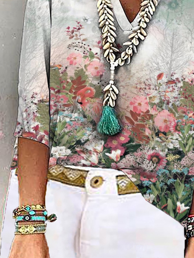  Women's Blouse Ombre Floral Graphic Stylish Beach Short Sleeve V Neck Regular Tops Daily Print Sage Green Summer Spring Fall