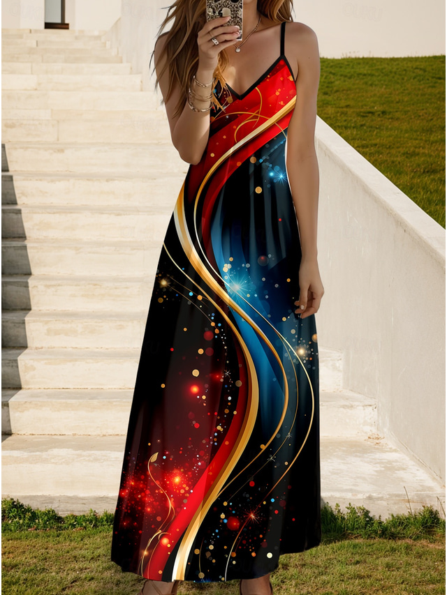  Damen Maxi Kleid Sommerkleid A-Linie Kleid Slip Kleid Urlaub Lässig Urlaub Alltag Strand Reguläre Passform Ombre Grafik Geometrisch Ärmellos V-Ausschnitt Rot Sommer Frühling