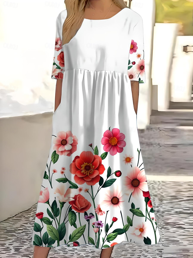  Damskie Sukienka midi Sukienka letnia Plisowana sukienka Urlop Codzienny Styl plażowy Codzienny Wyjściowe Letnia sukienka Luźna Kwiaty Graficzny Krótki rękaw Półgolf Biały Rumiany róż Niebieski
