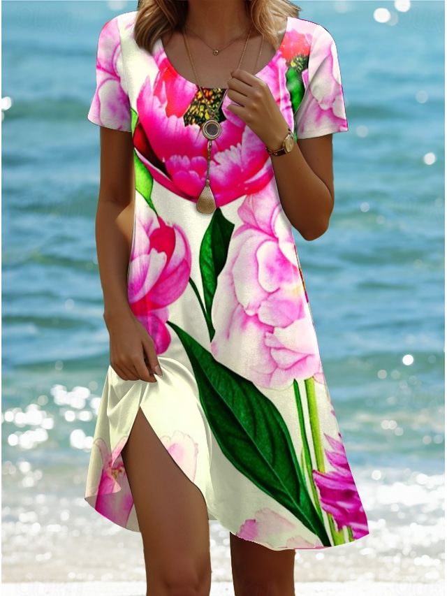  Robe mini femme robe évasée robe t-shirt robe tee vacances plage décontractée quotidienne ajustement régulier graphique floral à manches courtes col ras du cou rose été printemps