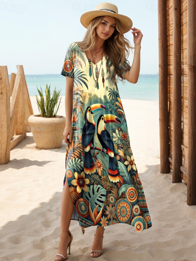  Women's Maxi Dress Casual Dress Sundress A Line Dress Summer Dress Bohemia Vacation Vintage Vacation Daily Regular Fit Graphic Tropical Bohemian Short Sleeve V Neck Light Yellow Summer