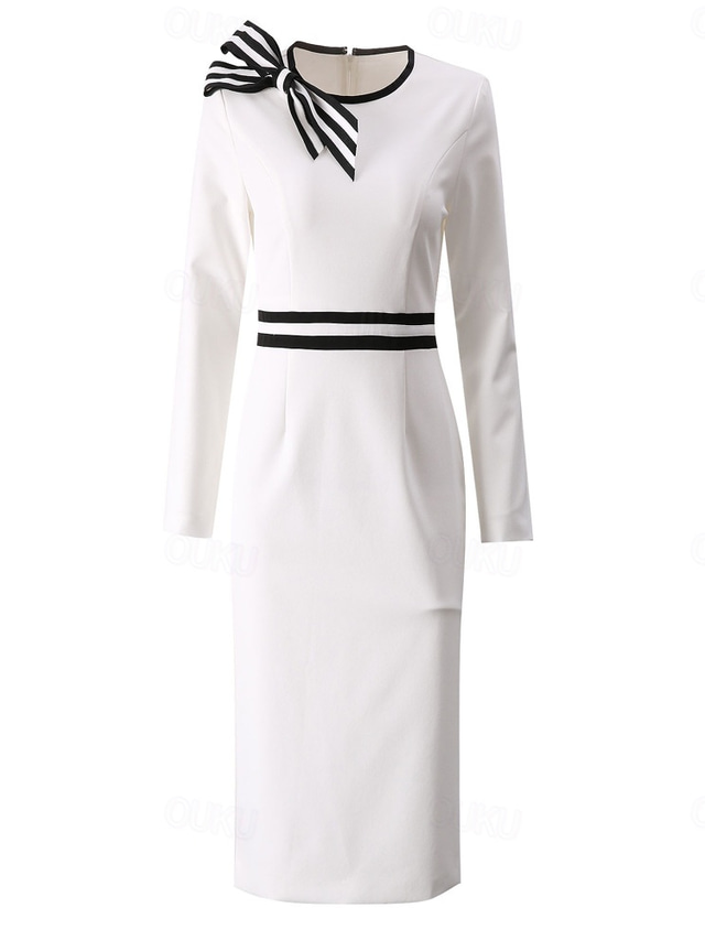  Suknia dla matki panny młodej Elegancka Vintage Codzienna Suknia z Okrągłym Dekoltem Tea Length z Elastycznego Materiału z Długim Rękawem z Kokardą