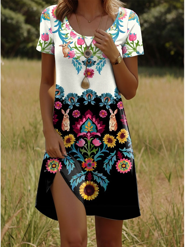  Robe Mini Femme Pâques Robe T-Shirt Robe Tee Robe d'été Décontractée Quotidien Ajustement Régulier Graphique Floral Manches Courtes Col Ronde Beige Été Printemps