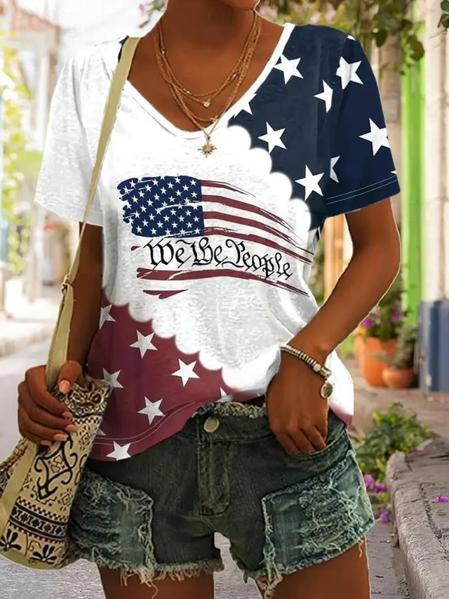  Women's Patriotic  T Shirt Flag American Flag National Flag Casual Red White And Blue Short Sleeve Round Neck Regular Tops Daily Print Blue Summer