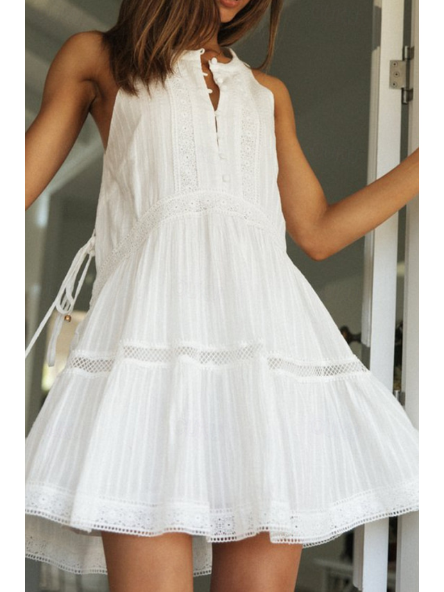  Women's Mini Dress White Dress Fashion Modern Birthday Graduation Date Regular Fit Plain Sleeveless Stand Collar White Summer