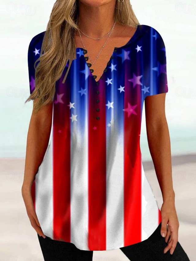  Independence Day Women's Patriotic Fourth of July T Shirt Flag Flag Basic Red White And Blue Short Sleeve Round Neck Regular Tops Daily Buttons Print Blue Summer Spring