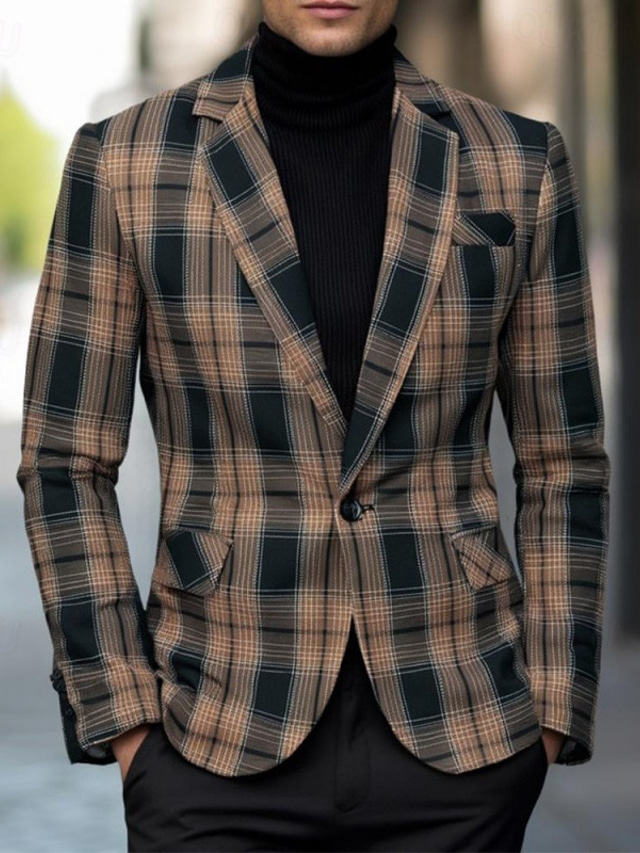  Men's Blazer Business Cocktail Party Wedding Party Fashion Casual Spring Autumn / Fall Polyester Plaid Buttons Pocket Comfortable Single Breasted Blazer Coffee