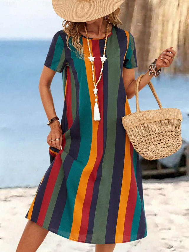  Damen Mini Kleid T-Shirt Kleid Tee Kleid Sommerkleid Freizeit Täglich Regulärer Fit Grafisch Gestreift Kurzarm Rundhalsausschnitt Orange Sommer Frühling