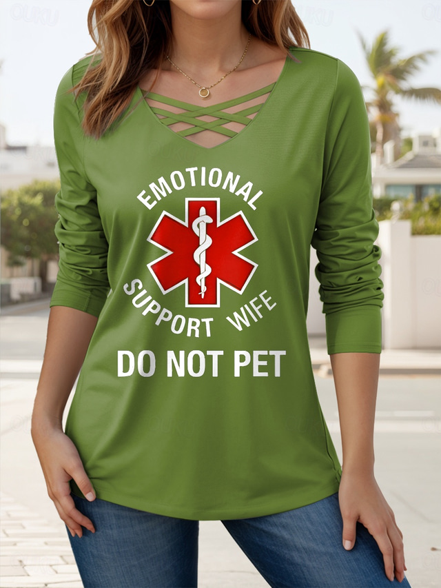  Dames T-shirt Grafisch Brief Casual Lange mouw V-hals Normale tops Dagelijks Uitknippen Afdrukken Zwart Blozend Roze Groen Lente Herfst
