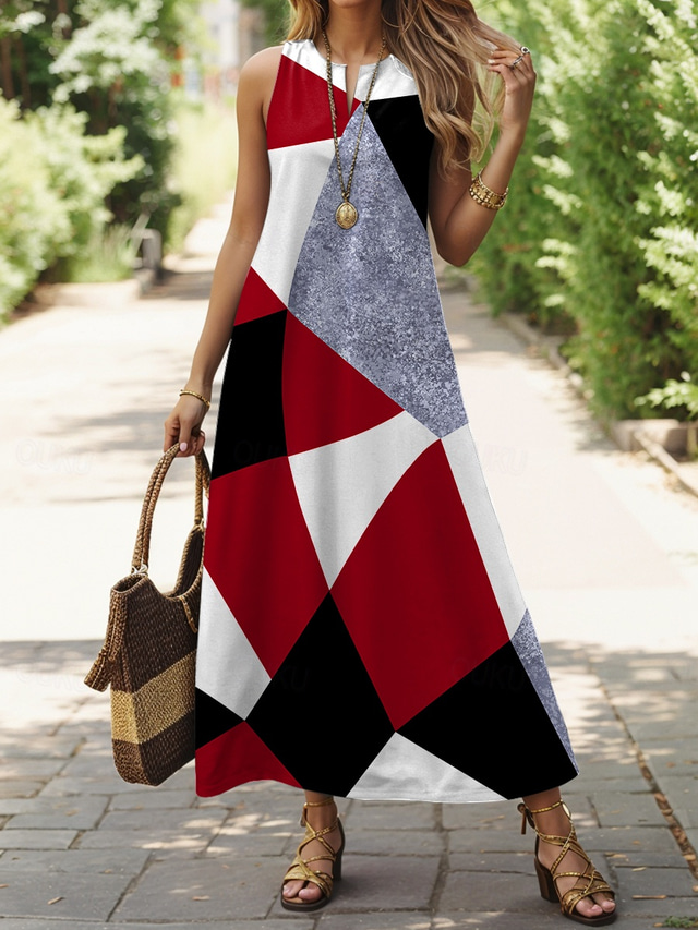  Dames Maxi Jurk A-Lijn Jurk Zomerjurk Vakantie Vakantie Loose Fit Grafisch Geometrisch Mouwloos V-Hals Rood Zomer