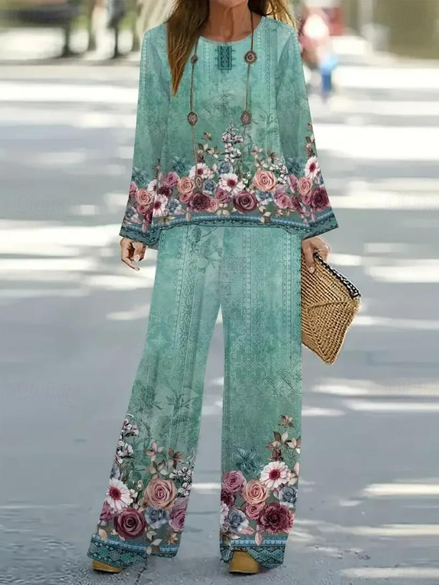  Ensemble 2 pièces Femme Basique Néon  Lumineux Chemise Blouse Lin semblable Manches 3/4 Col en V Imprimé floral Décontracté Vert Été Coupe régulière