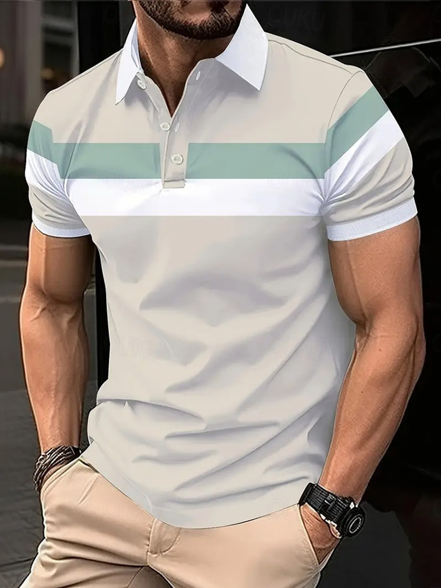  Herren Horizontale Streifen Rugby-Poloshirt Kurzarm Polo-Shirts Hemden mit Kragen Business-Casual Schule Outdoor Athleisure 3D-Druck Sommer Frühling Herbst Schwarz Weiß Rosa