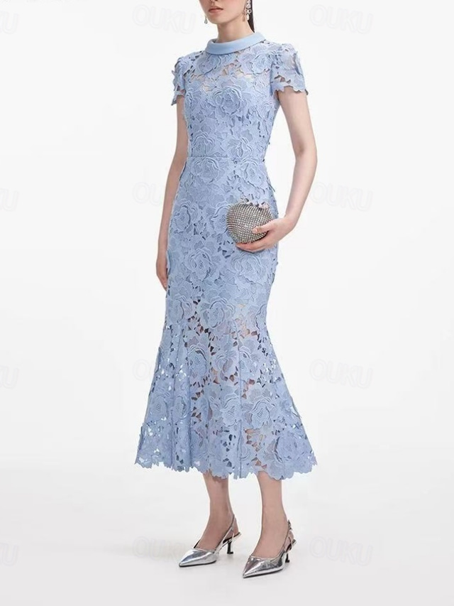  Mermaid / Trumpet Cocktail Dresses Elegant Dress Wedding Evening Party Tea Length Short Sleeve High Neck Lace with Appliques Derby Dresses 2025