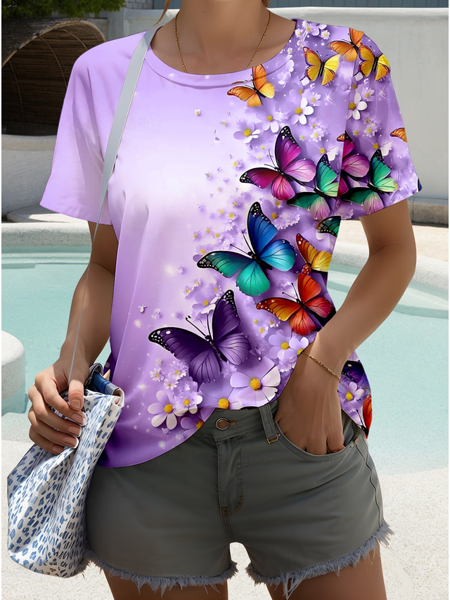  Women's T Shirt Graphic Animal Stylish Casual Short Sleeve Crew Neck Regular Tops Daily Weekend Print Purple Summer Spring