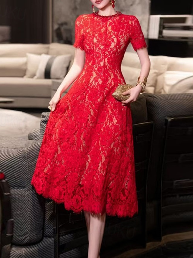  Dress Mother of the Bride Dress Elegant Vintage Casual Crew Neck Ankle Length Lace Short Sleeve with Flower