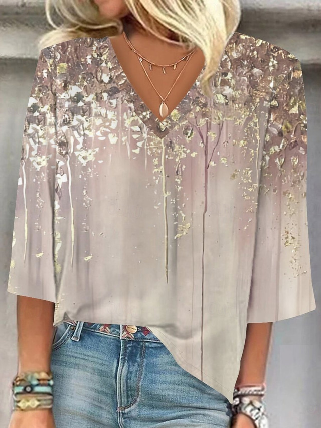  Mulheres Blusa Âmbar Floral Gráfico à moda Estilo Praia Manga Curta Decote V Tops regulares Diário Imprimir Cáqui Verão Primavera