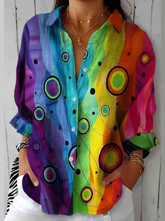  Women's Shirt Long Sleeve Button Down Blouse Graphic Polka Dot Casual Shirt Collar Regular Tops Work Daily Buttons Print Blue Spring Fall Winter