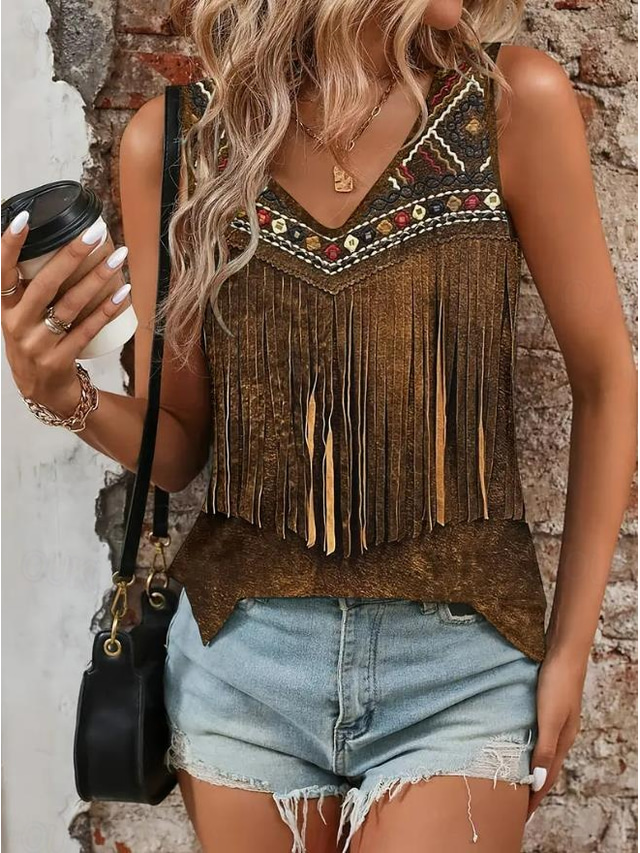  Women's Camisole Tank Top Boho Tank Top Western Tank Top Graphic Bohemia Vintage Ethnic Sleeveless V Neck Regular Tops Daily Holiday Print Khaki Summer